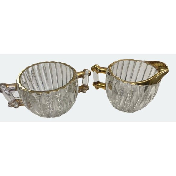 Vintage Glass Cream & Sugar Set With Gold Accents & Ribbed Design - Picture 6 of 6